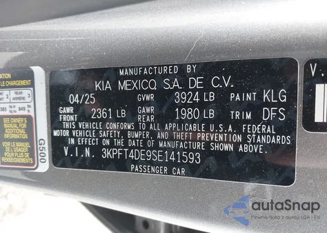 2025 Kia K4 Lxs из США, поврежденный, VIN 3KPFT4DE9SE141593